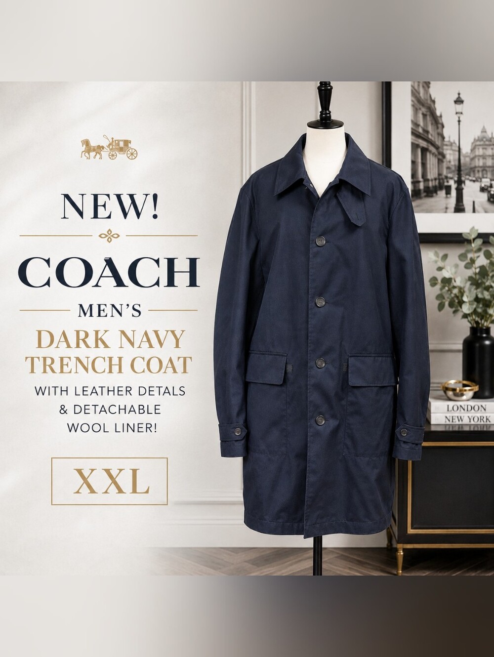 NEW! Coach Men's Dark Navy Trench Coat With Detachable Wool Liner! XXL